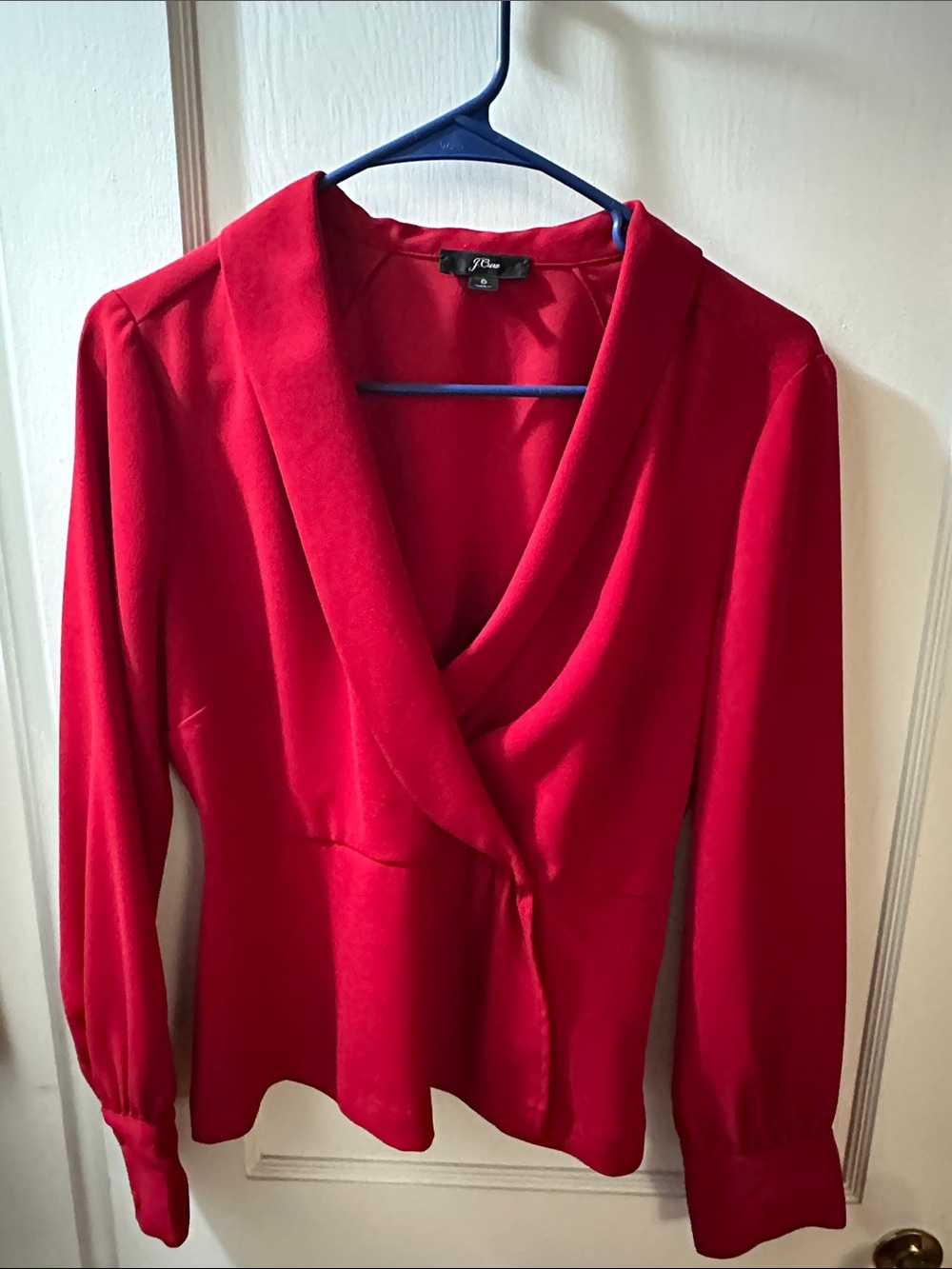 J. Crew Red Draped V-Neck Long Sleeve Blouse